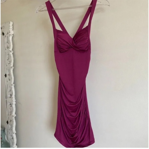 🪞 NEW oh polly luxe satin halter cross back midi dress fuchsia pink - Picture 2 of 4